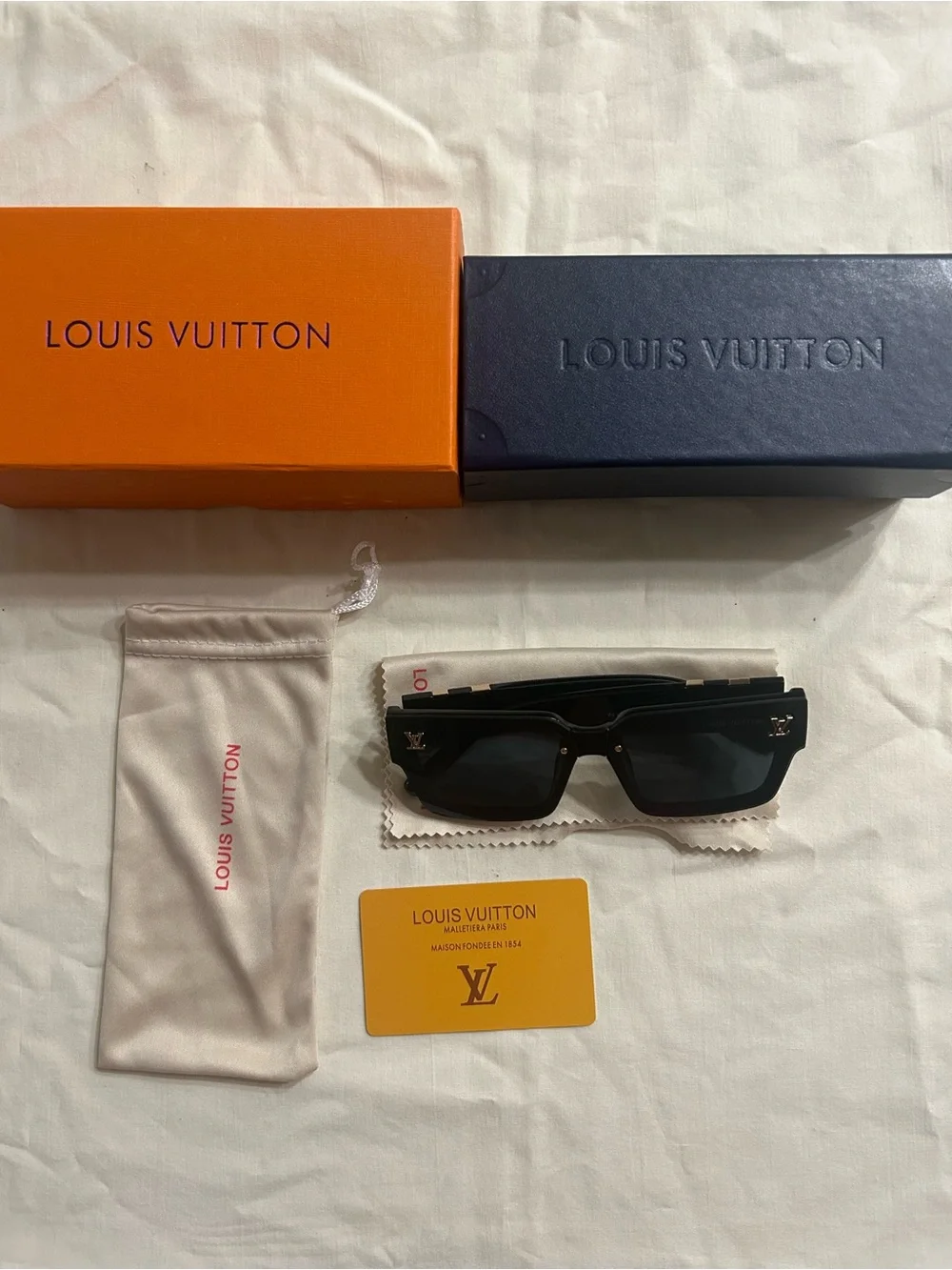 Louis Vuitton Black Rectangular Sunglasses with Gold LV Accents